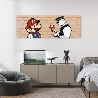 Paveikslas ant drobės, Banksy, Super Mario & Cop plytų fone Paveikslai ant drobės Gera namie - Geranamie.lt